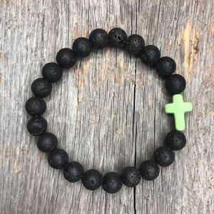 Black Lava Bead Green Christian Cross Bracelet